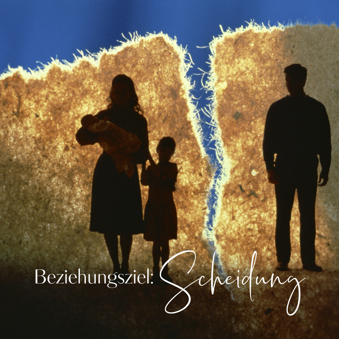Silhouetten eines Paares mit Kind, getrennt durch einen Riss – Symbolbild für Scheidung als Neuanfang