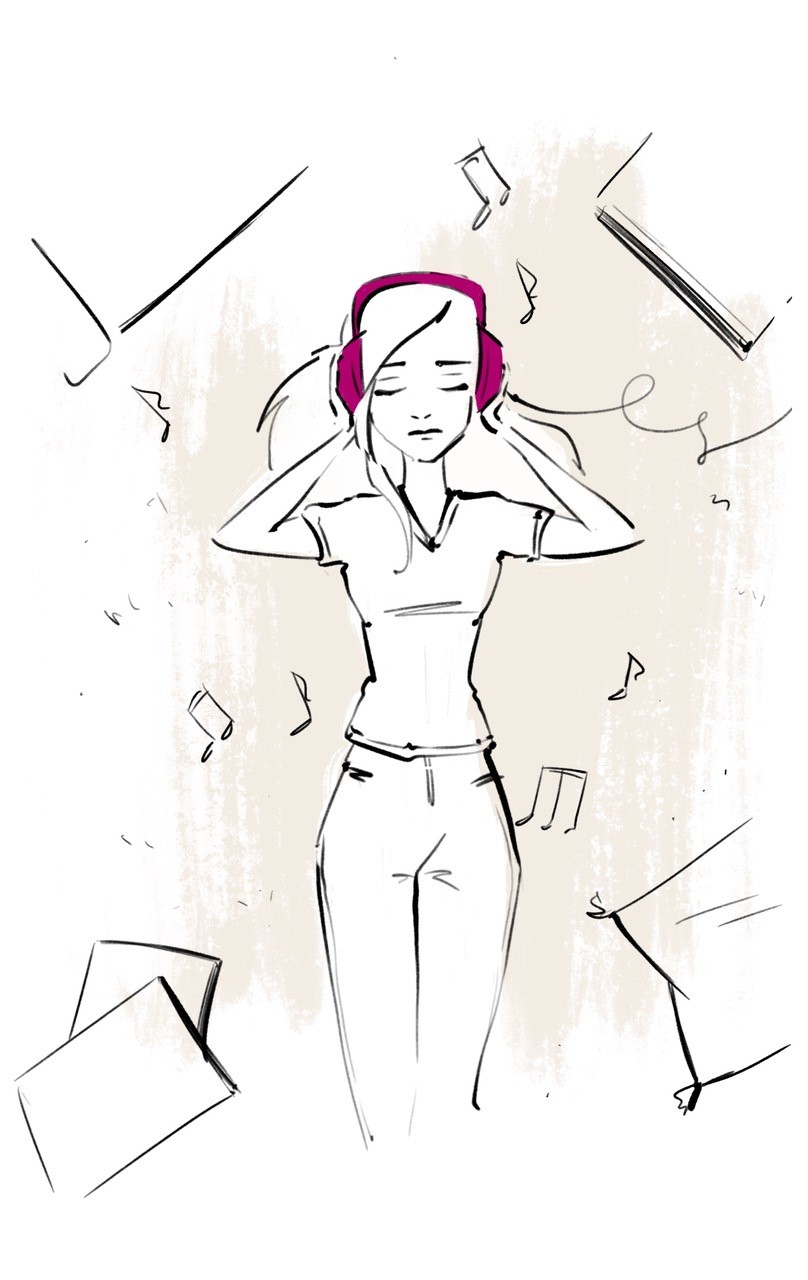 Illustration einer Frau mit Kopfh&ouml;rern, in Musik versunken